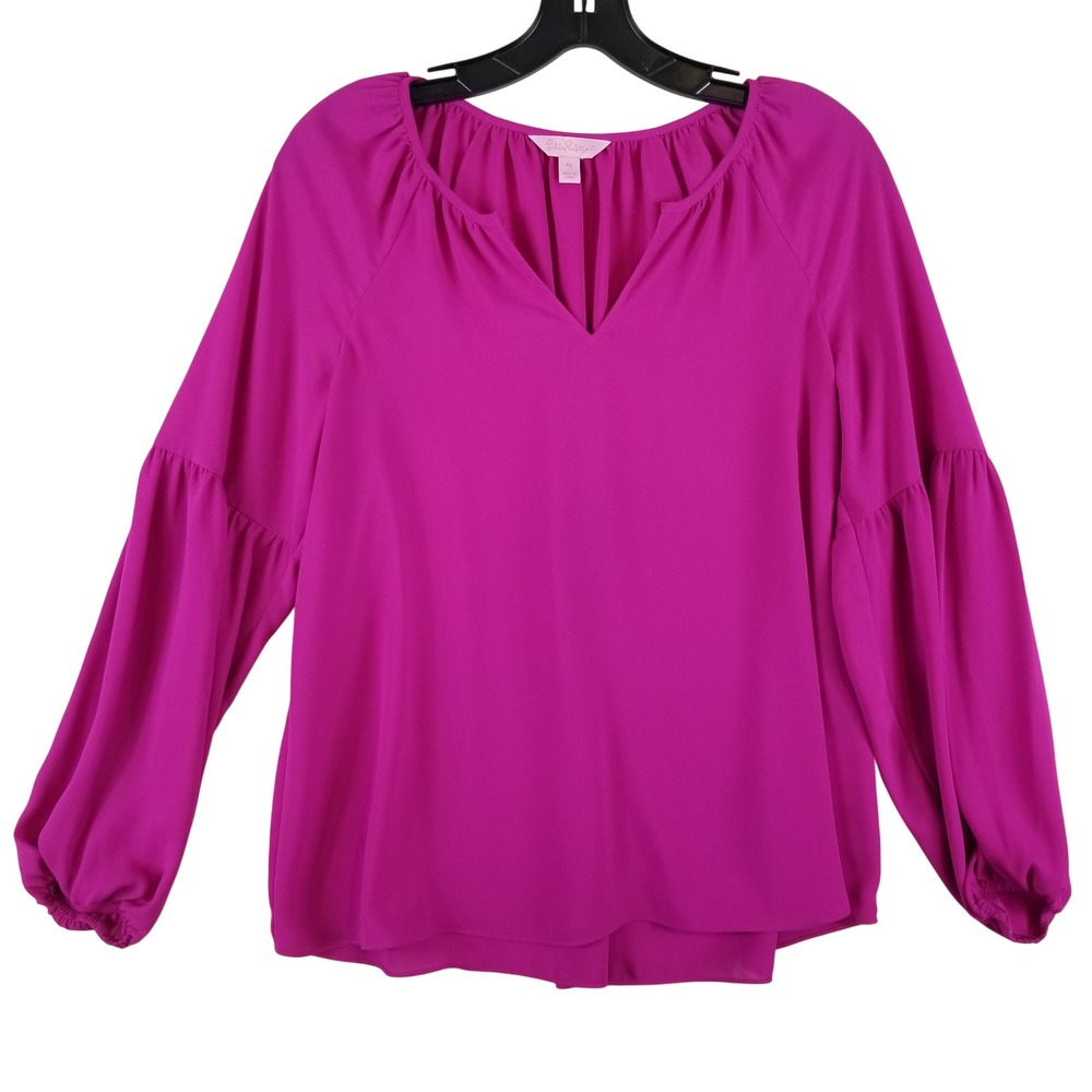 Lilly Pulitzer Magenta Pink Split Neck Puff Sleeve Blouse Womens XS 100% Poly